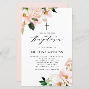 Blush Pink Magnolia en Hydrangea Baptism Invite