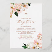 Blush Pink Magnolias Hydrangeas Roos Gold Baptisme Folie Uitnodiging (Voorkant)