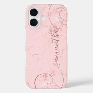 Blush Pink Marble Curly Signature iPhone 16 Hoesje