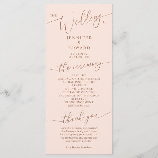 Blush Pink Minimal Wedding Ceremony Program Programma (Voorkant)