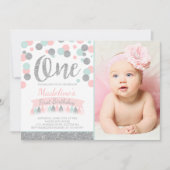 Blush Pink Mint en Silver 1e verjaardag Uitnodigin Kaart (Voorkant)