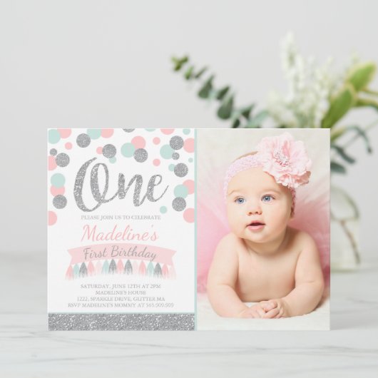 Blush Pink Mint en Silver 1e verjaardag Uitnodigin Kaart (Staand voorkant)