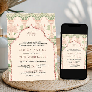 Blush Pink Mint Green Lotus Garden Indiase bruilof Kaart