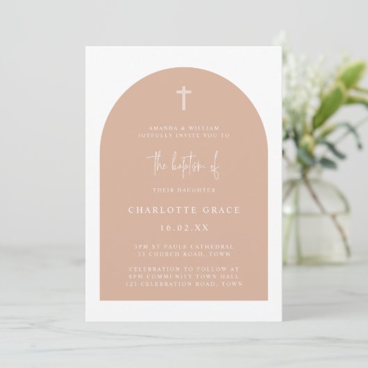 Blush Pink Modern Arch Script Minimalist Baptisme  Kaart (Staand voorkant)