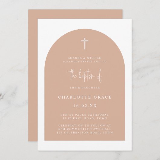 Blush Pink Modern Arch Script Minimalist Baptisme  Kaart (Voorkant / Achterkant)