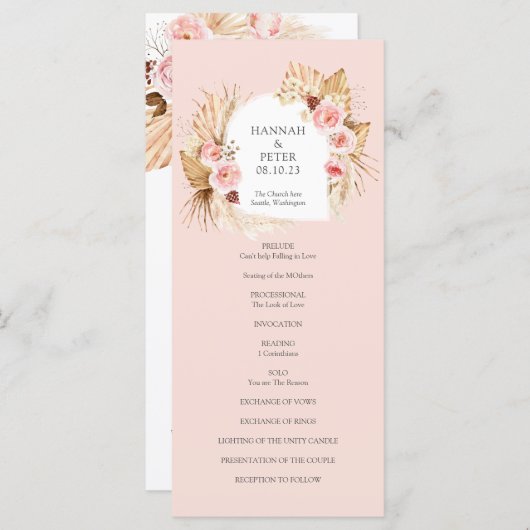 Blush Pink Modern Boho Pampas Grass Floral-program (Voorkant / Achterkant)