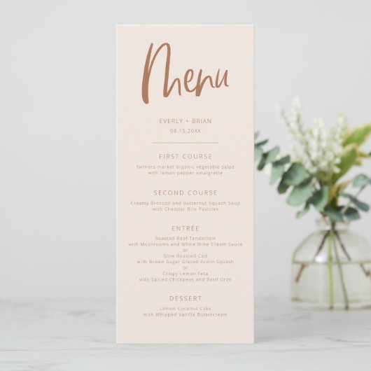 Blush Pink Modern Minimalist Weddenschap Menu (Staand voorkant)