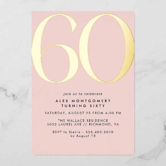 Blush Pink | Moderne Glam Vrouwen 60e Verjaardag Folie Uitnodiging (Voorkant)