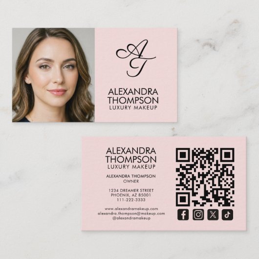 Blush Pink Monogram Makeup Qr Code Social Icon Visitekaartje (Voorkant / Achterkant)