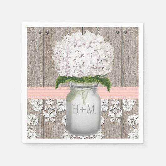 Blush Pink Monogrammed Hydrangea Mason Jar Servetten (Voorkant)
