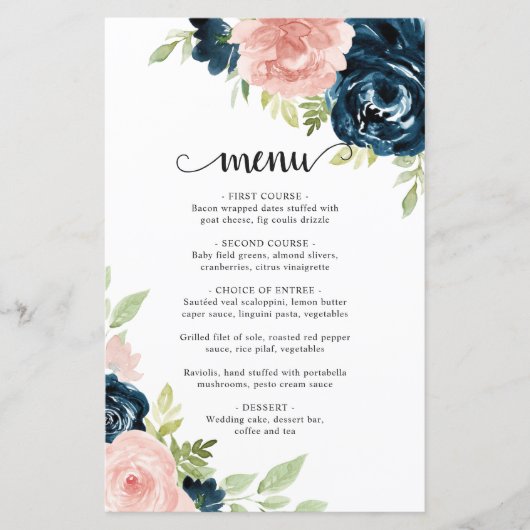 Blush Pink Navy Blue Floral Élégant Menu Mariage (Devant)