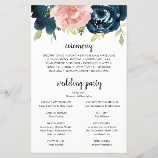 Blush Pink Navy Blue Floral Modern Wedding Program (Achterkant)