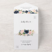 Blush Pink Navy Blue Floral Weddenschap met RSVP All In One Uitnodiging (Buitenkant)