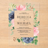 Blush Pink Navy Blue Floral Wedding Acryl Uitnodigingen (Voorkant)