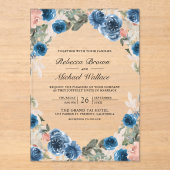 Blush Pink Navy Blue Floral Wedding Acryl Uitnodigingen (Voorkant)