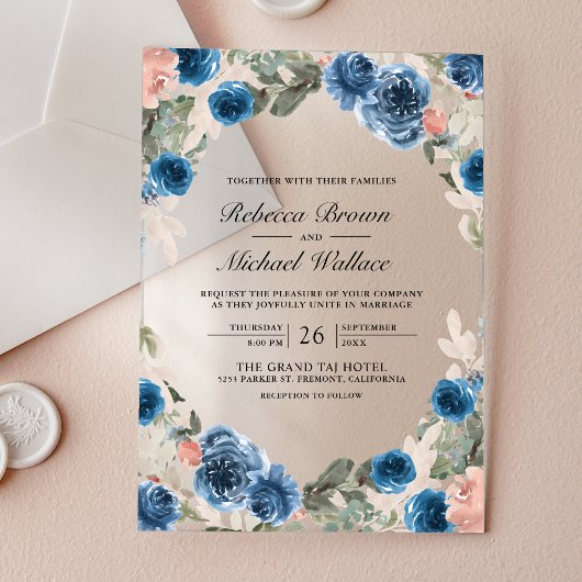 Blush Pink Navy Blue Floral Wedding Acryl Uitnodigingen