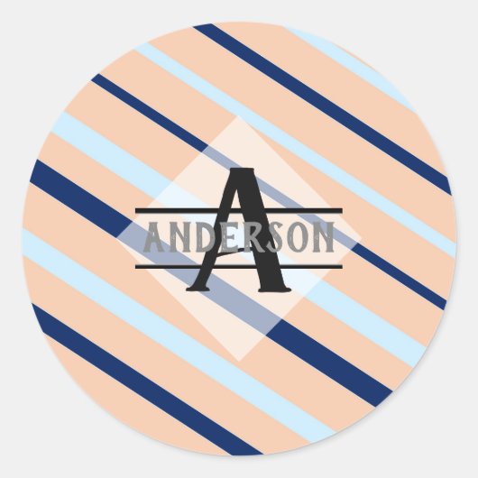Blush Pink Navy Blue Monogram Ronde Sticker (Voorkant)