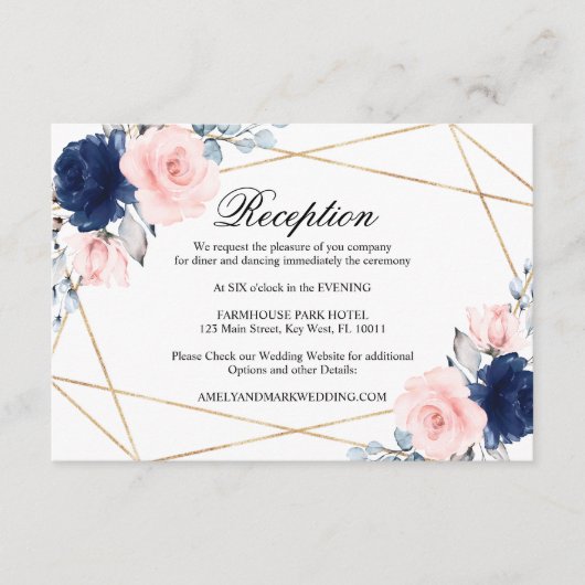 Blush Pink & Navy Blue Roos bruiloft receptie Informatiekaartje (Voorkant)