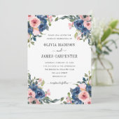 Blush Pink Navy Blue Waterverf Floral Wedding Kaart (Staand voorkant)