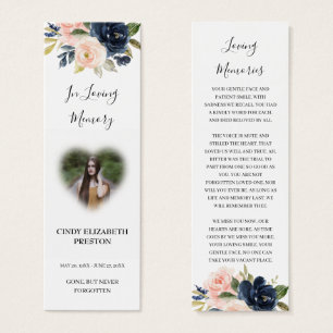 Blush Pink Navy Floral Foto Funeral Poem Bladwijze Mini Visitekaartjes
