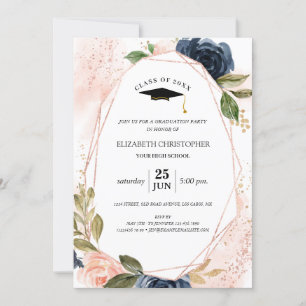 Blush Pink Navy Floral Geometric Lijst Afstuderen Kaart