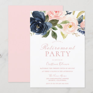 Blush Pink & Navy Floral Retirement Party Kaart