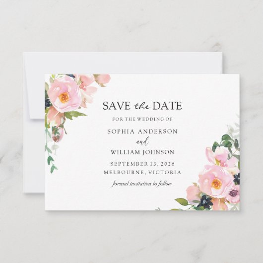 Blush Pink Navy Floral Waterverf Wedding Save The Date (Voorkant)