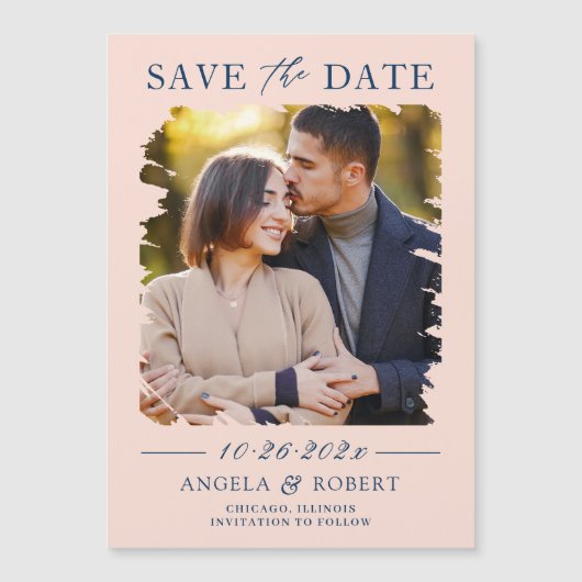 Blush Pink Navy Photo Enregistrer la date Carte ma (Devant)