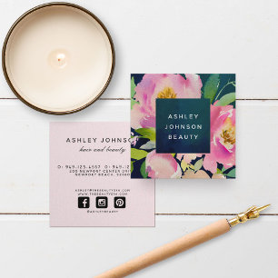 BLUSH PINK & NAVY Waterverf Floral Bouquet Vierkante Visitekaartje