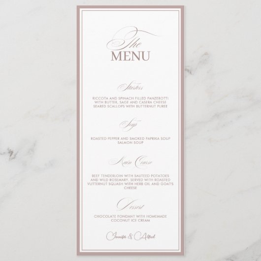 Blush Pink Old Money Wedding Dinner Menu Card (Devant)