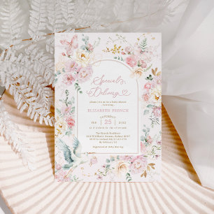 Blush Pink Ooievaar Wildflower Meisje Baby shower Kaart