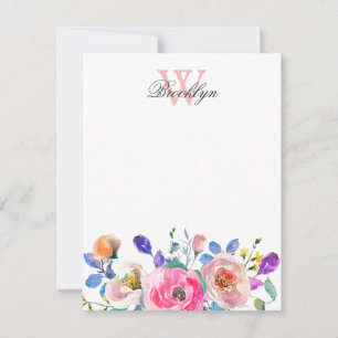 Blush Pink Paarse Floral Blauwgroen Leaves Monogra Notitiekaartje