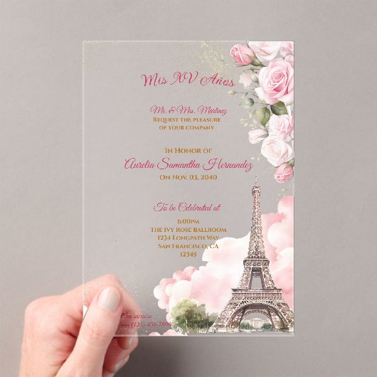 Blush Pink Paris Quinceañera Acryl Uitnodigingen (Insitu (Draagbaar))