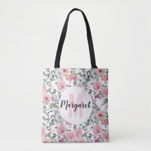 Blush Pink Pastel Floral Roos Waterverf Monogram Draagtas