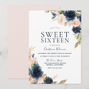 Blush Pink Peach & Navy Sweet 16 Birthday Party Kaart