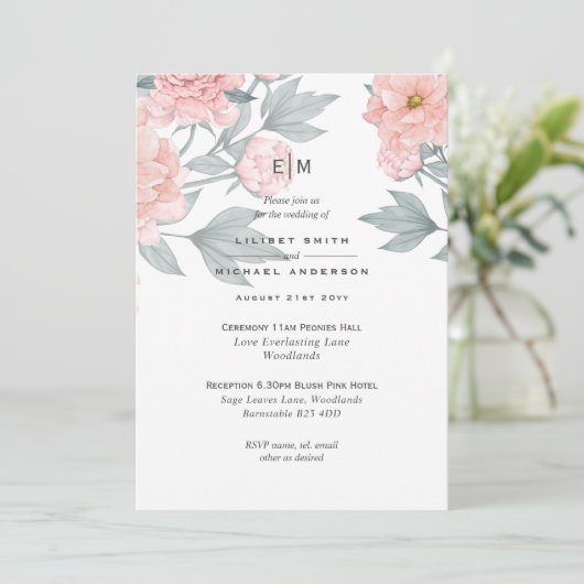 Blush Pink Peach PEONIES Weddenschap Uitnodigen to (Staand voorkant)