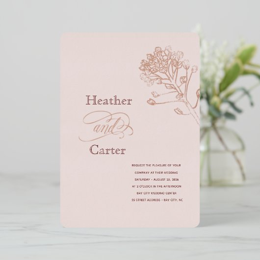 Blush Pink Pearl Botanical Folie Uitnodiging (Staand Voorkant)