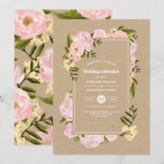 Blush Pink Peonies Kraft Paper Rustic Wedding Kaart (Voorkant / Achterkant)