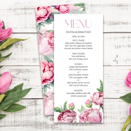 Blush Pink Peonies Waterverf Weddenschap Menu