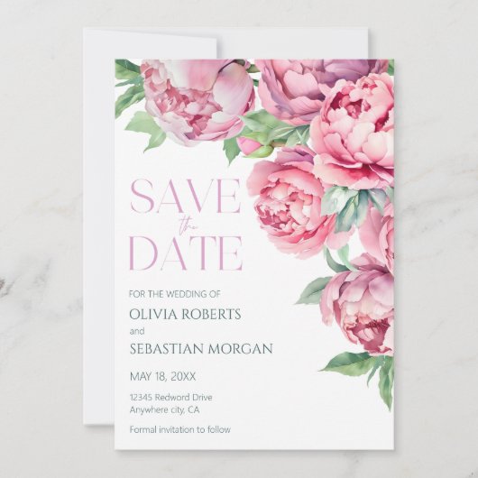 Blush Pink Peonies Waterverf Weddenschap Save The Date (Voorkant)