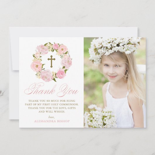 Blush Pink Peonies Wreate First Heilige Communie Bedankkaart (Voorkant)