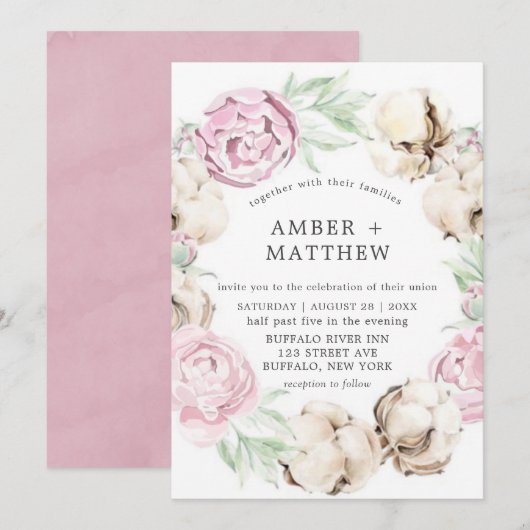 Blush Pink Peony en Cotton Wedding Invitations (Voorkant / Achterkant)