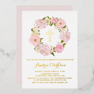 Blush Pink Peony Floral Wreath Baby Blessing Folie Uitnodiging