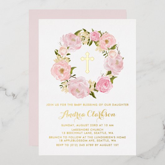 Blush Pink Peony Floral Wreath Baby Blessing Folie Uitnodiging (Voorkant / Achterkant)