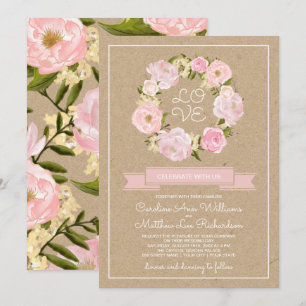 Blush Pink Peony Wreath Kraft Paper Weddenschap Kaart