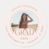 Blush Pink Photo Address Afstuderen Envelope Seal Ronde Sticker (Voorkant)