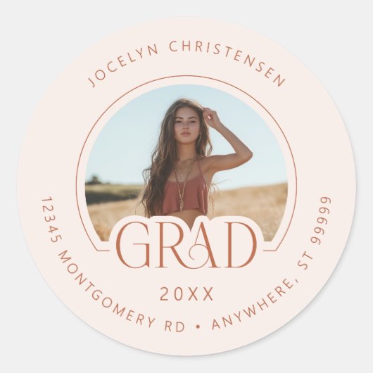 Blush Pink Photo Address Afstuderen Envelope Seal Ronde Sticker (Voorkant)