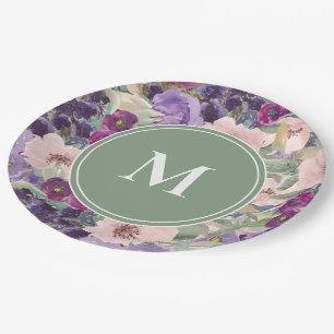 Blush Pink Purple Flowers Sage Green Monogram Papieren Bordje