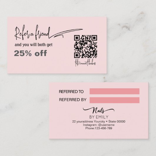 Blush Pink QR Code nagelsalon Referral Kaart (Voorkant / Achterkant)
