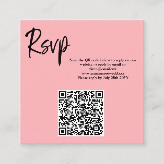 Blush Pink QR Code RSVP Card Vierkante Visitekaartje (Voorkant)